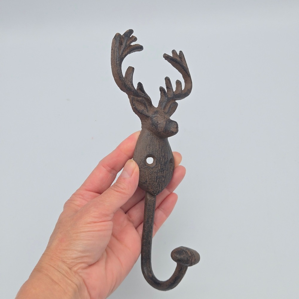 Cast Iron Buck Deer Head Wall Hook Coat Towel Hook Rustic Farmhouse Cabin Lodge - Picture 8 of 12